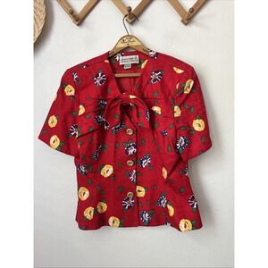 Vtg red floral short sleeve jacket suit top bow detail yellow S/M dressy church